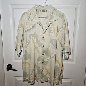 Tommy Bahama Shirt Mens XL Yellow Floral Print Button 100% Silk Hawaiian Camp